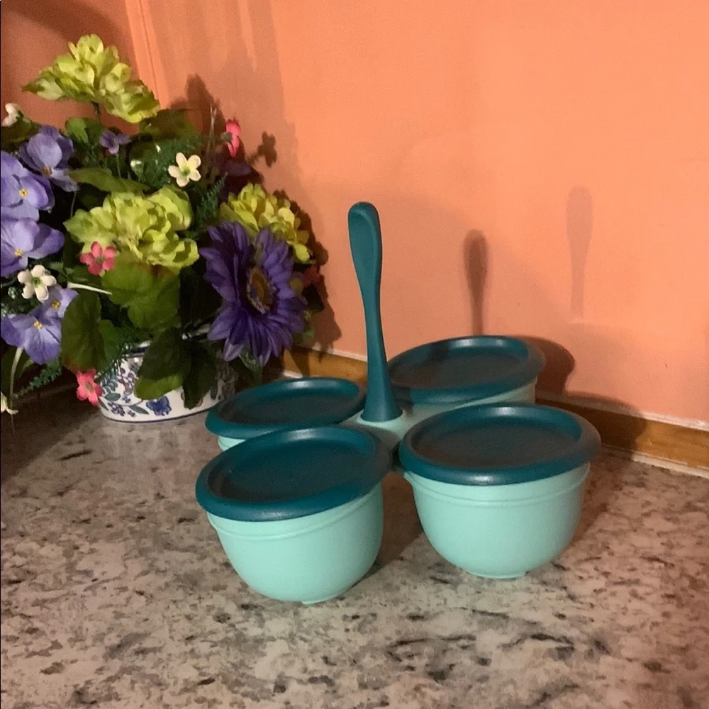 NWT Tupperware  Essentials Condiment Server 4 piece Set Shades Of Teal